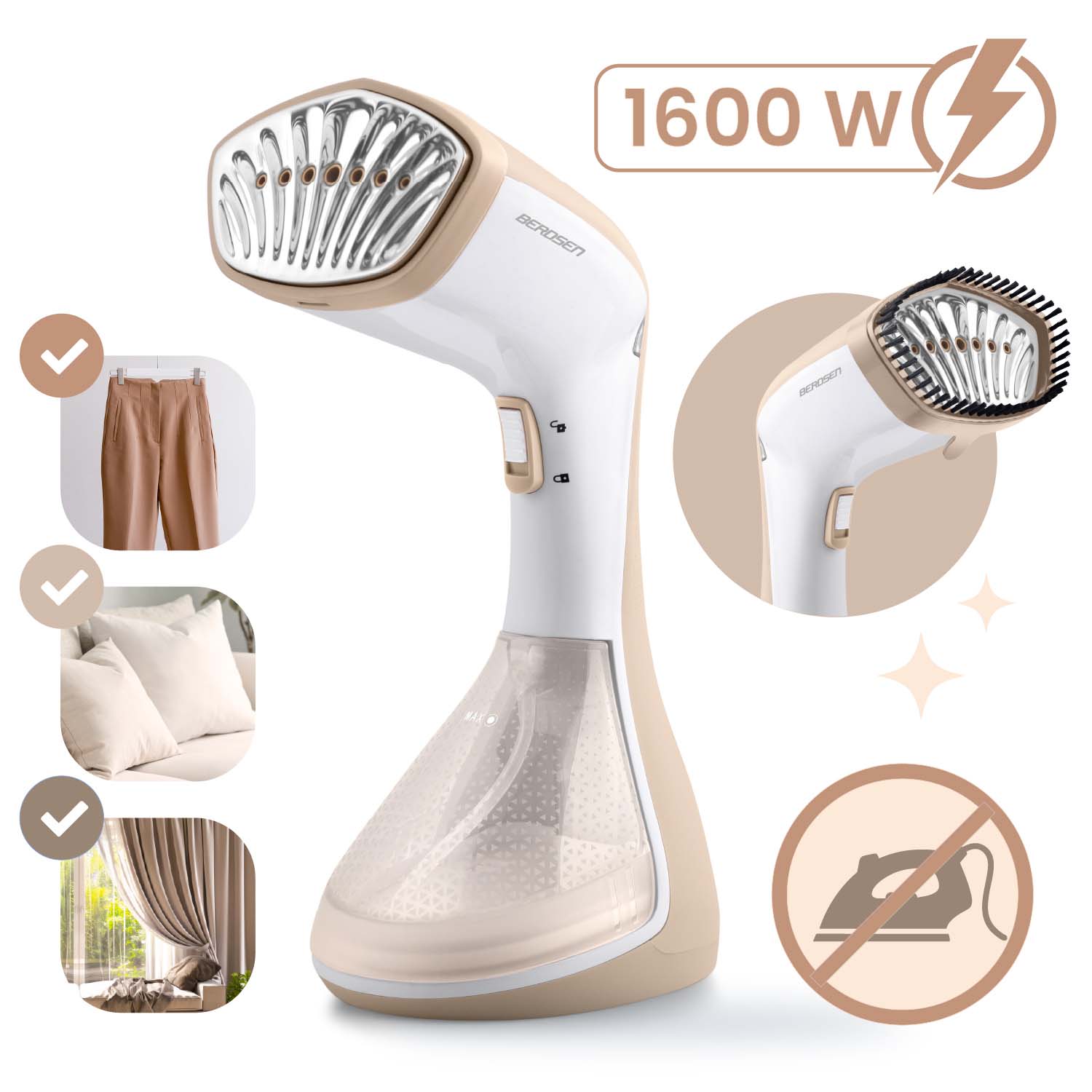 1600 W Berdsen apģērbu tvaicētājs ar tvaika ikonām, auduma piemēriem un gludekļa simbolu