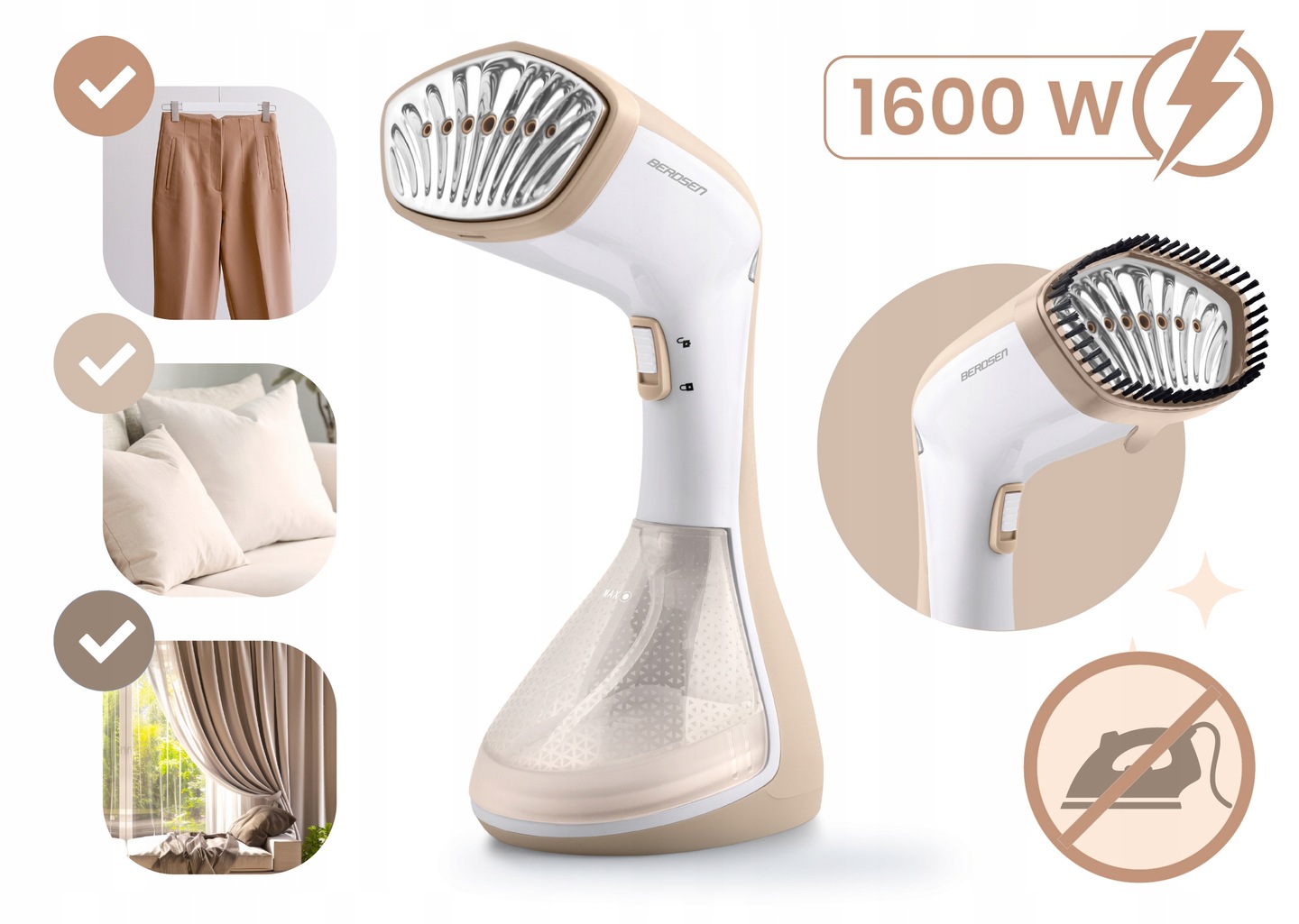 Berdsen 1600 W apģērbu tvaicētājs ar norādītu jaudu, uzgali un piemēriem audumiem
