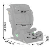 Bērnu autokrēsliņa sānskats ar 24 cm galvas balsta platuma un 60–80 cm augstuma norādēm