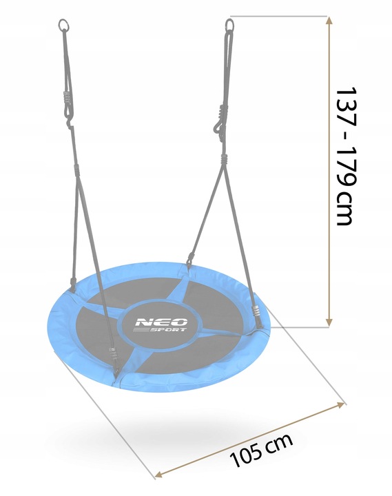 Batuta izmēru shēma ar norādītu 105 cm diametru un 137–179 cm piekarvirvju garumu