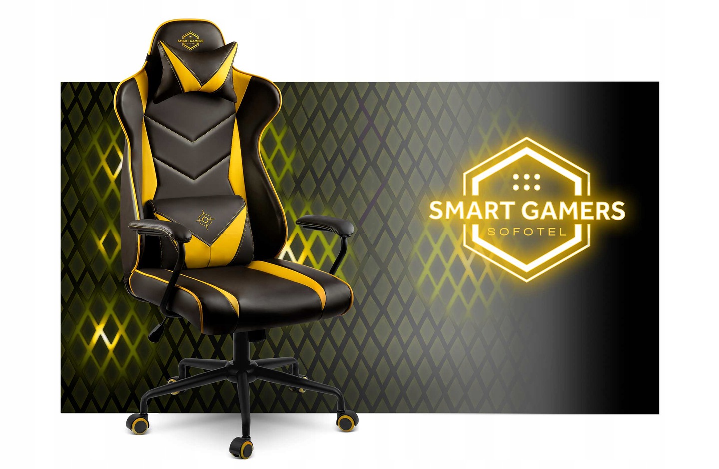 Melni dzeltenais gaming krēsls uz tumša dekoratīva fona