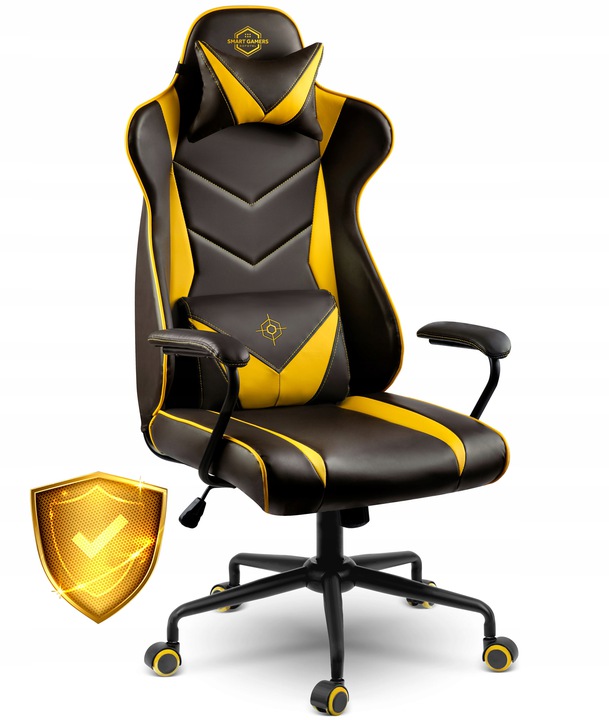 Melni un dzelteni gaming krēsls ar augstu atzveltni un galvas spilvenu