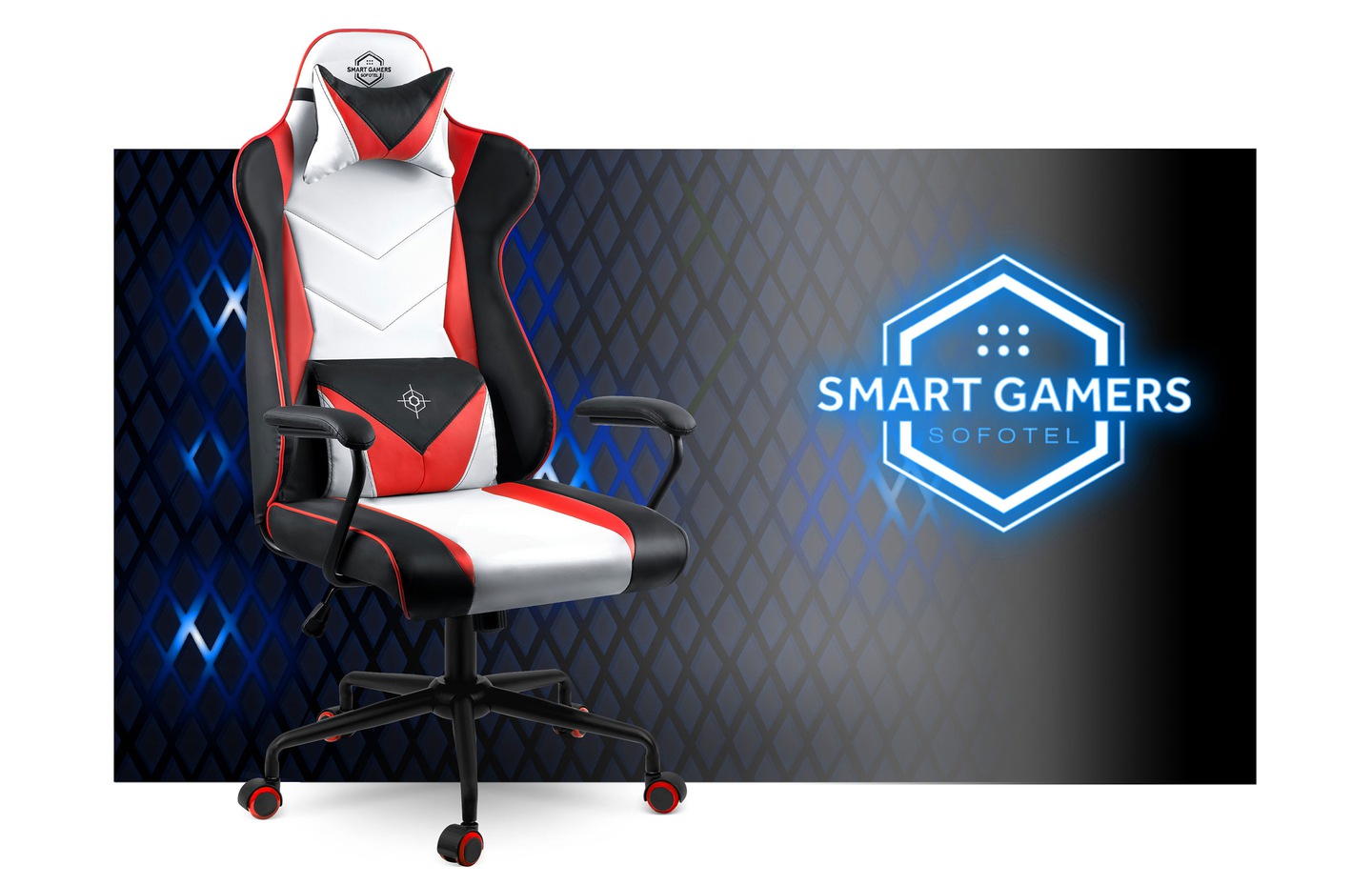 Gaming krēsls uz tumša zila fona ar Smart Gamers zīmola grafiku