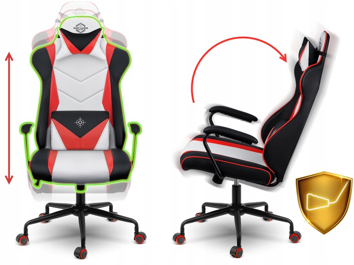 Gaming krēsls redzams no priekšpuses un sāniem ar atzveltnes slīpuma norādi