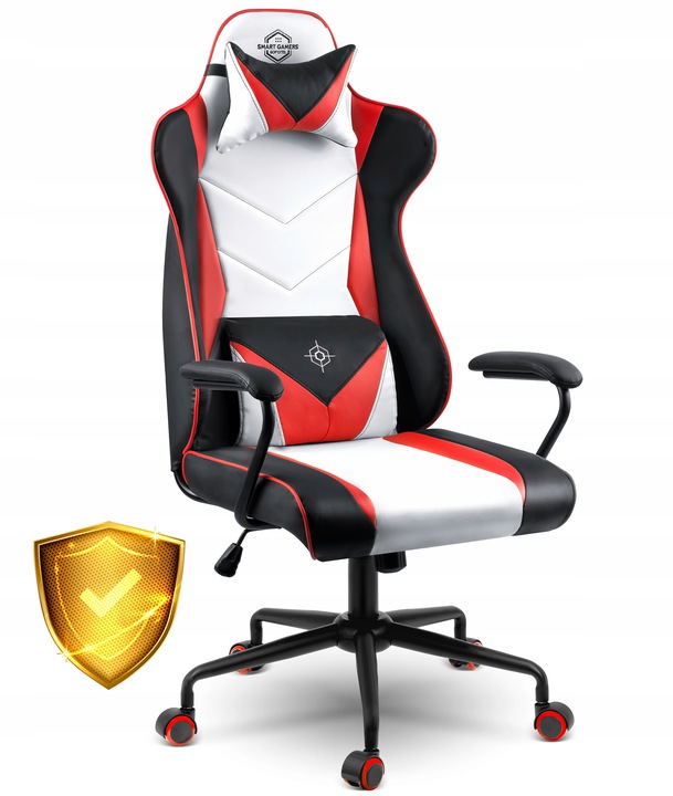 Baltas, melnas un sarkanas krāsas gaming krēsls ar galvas un jostasvietas spilvenu