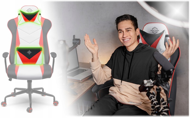 Jauns vīrietis sēž gaming krēslā filmēšanas vai straumēšanas vidē