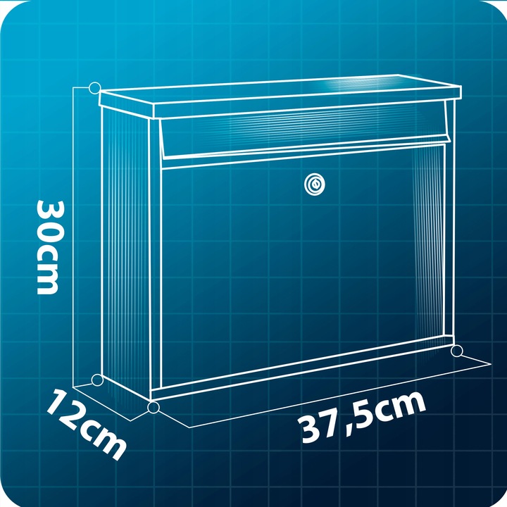 Pastkastītes izmēru shēma ar norādītiem 37,5 cm, 30 cm un 12 cm