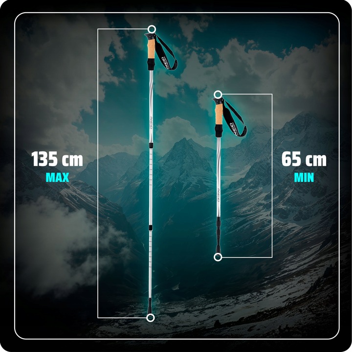 Teleskopisku trekinga nūju garuma salīdzinājums no 65 cm līdz 135 cm