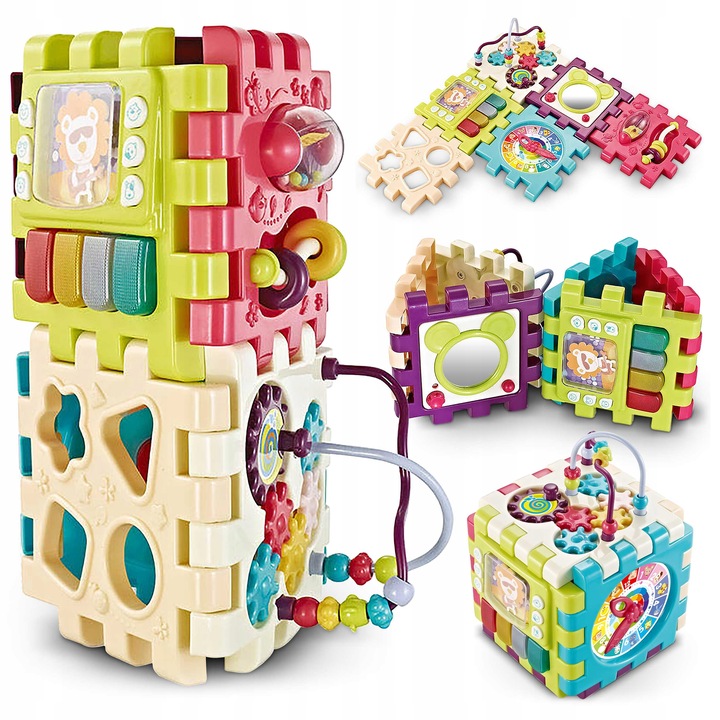 Ricokids mācību kubs saliktā un izjauktā izkārtojumā ar krāsainiem paneļiem un rotaļu detaļām
