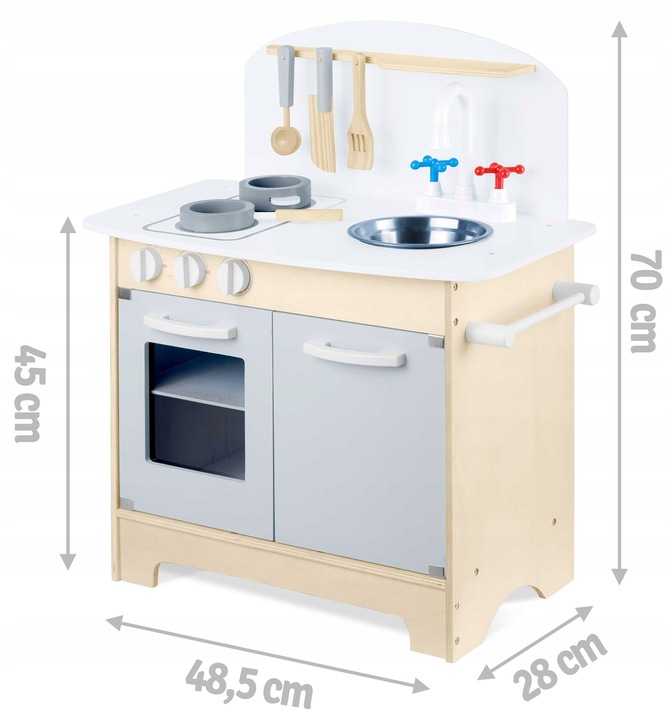Ricokids bērnu rotaļu virtuves izmēru shēma ar norādītiem 48,5 cm, 28 cm un 70 cm