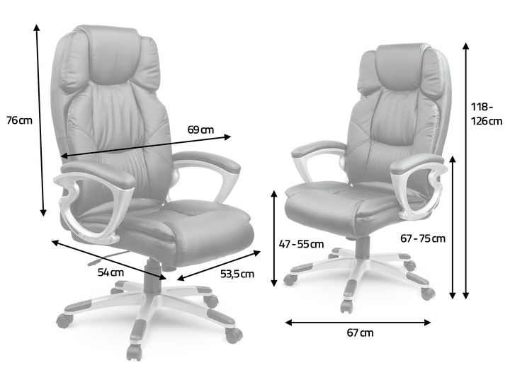 Biroja krēsla izmēru shēma ar 76 cm, 69 cm, 54 cm, 53,5 cm, 47–55 cm, 67–75 cm, 67 cm un 118–126 cm