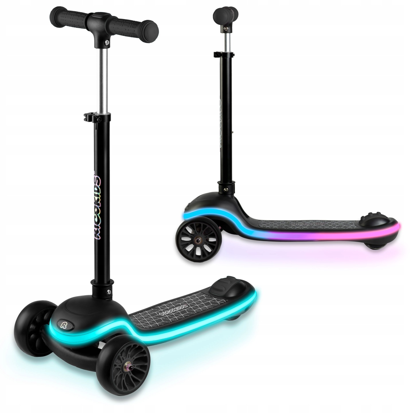 Ricokids Leddi skrejritenis ar stūres statni un LED izgaismotu platformu uz balta fona