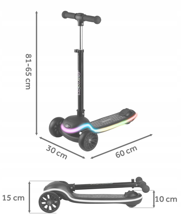 Ricokids Leddi skrejritenis ar izmēru shēmu 65–81 cm, 60 cm, 30 cm, 15 cm un 10 cm