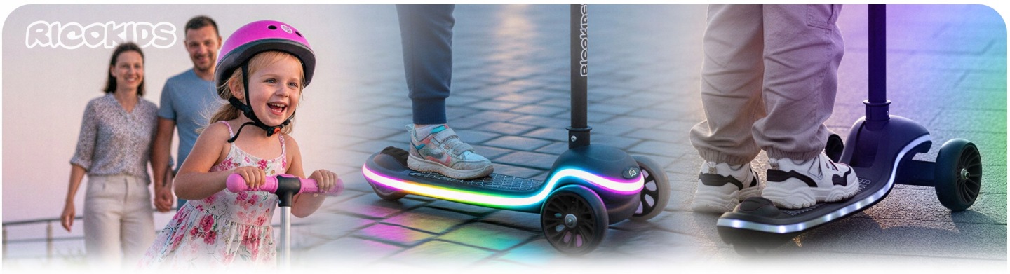 Ricokids Leddi trīsritenis-skrejritenis ar LED platformu, redzams bērns un izgaismota braukšanas aina
