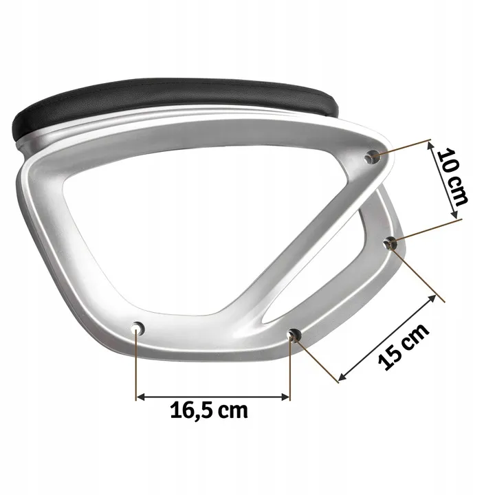 Biroja krēsla roku balsts ar izmēru atzīmēm 16,5 cm, 15 cm un 10 cm, skats no sāniem