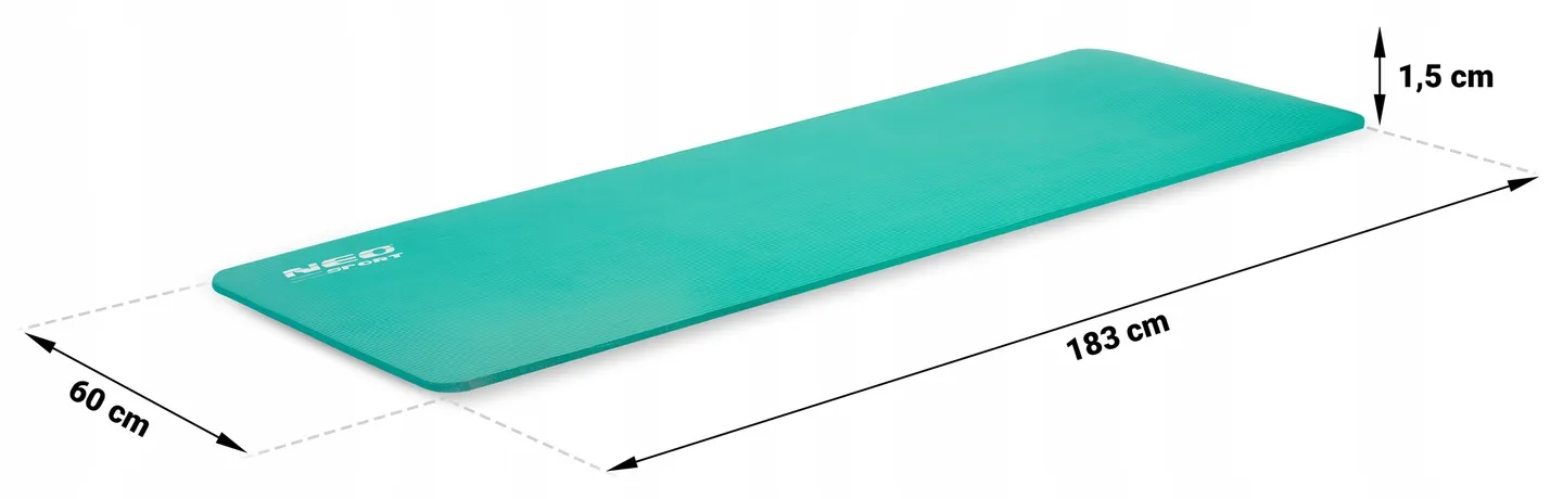 Neo-Sport vingrošanas paklājiņš ar norādītiem izmēriem 183 cm, 60 cm un 1,5 cm