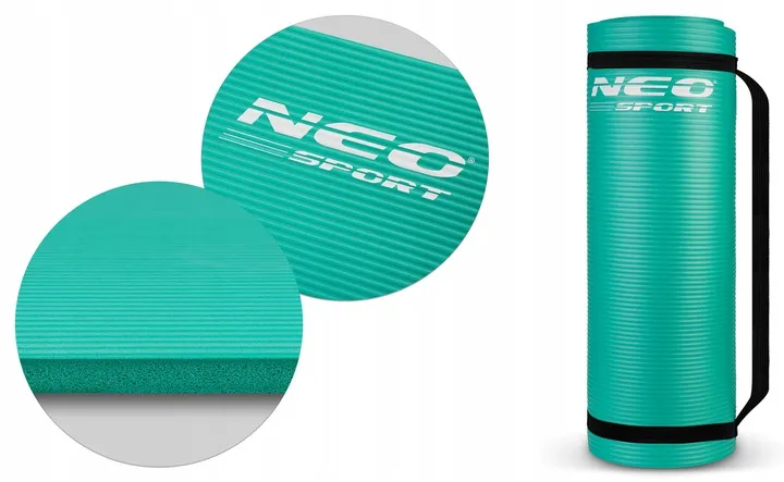 Paklājiņa materiāla tuvplāns un sarullēts Neo-Sport vingrošanas paklājiņš ar nēsāšanas siksnu