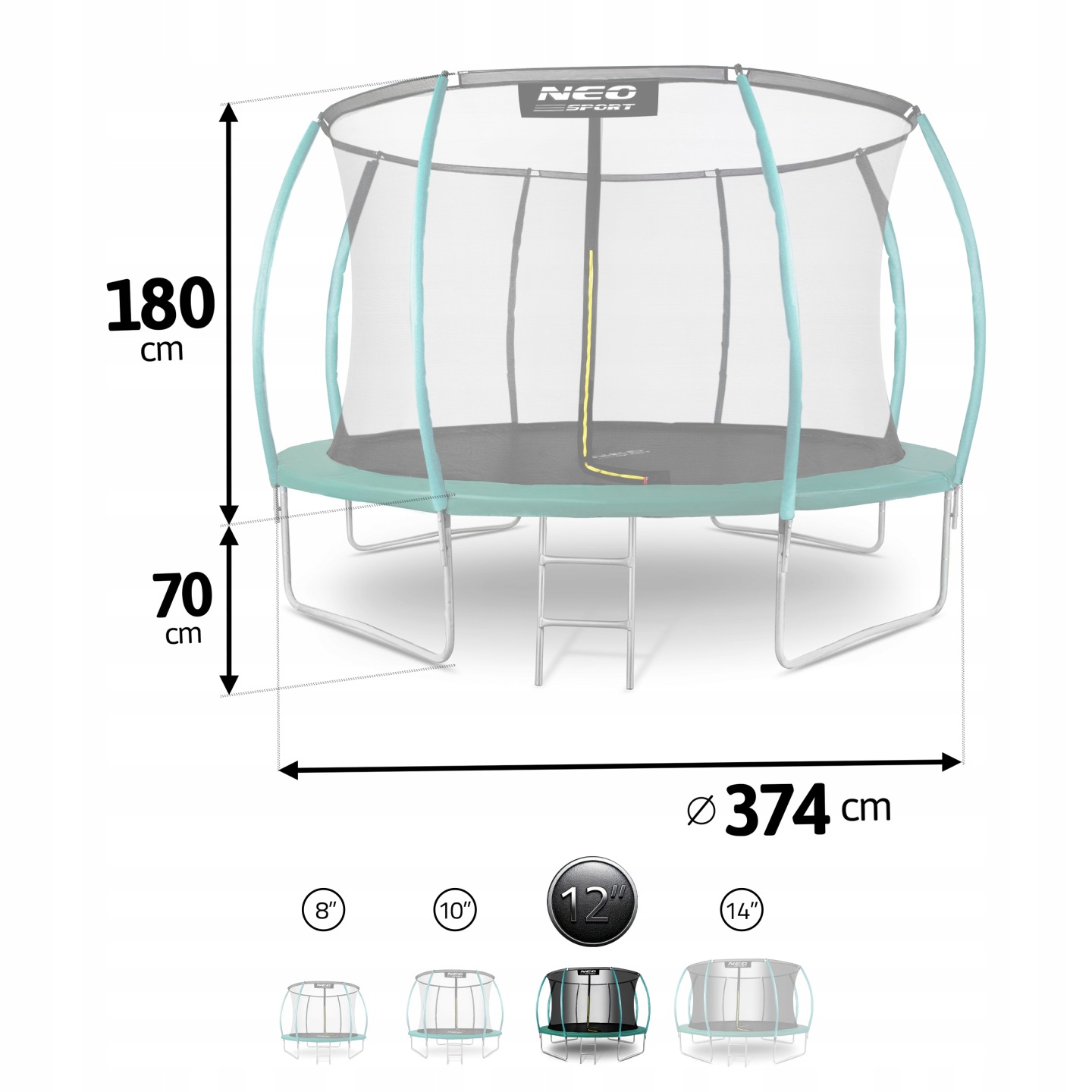 Neo-Sport batuts ar augstuma un diametra mēriem, 180 cm tīkla augstumu, 70 cm rāmja augstumu un 374 cm diametru