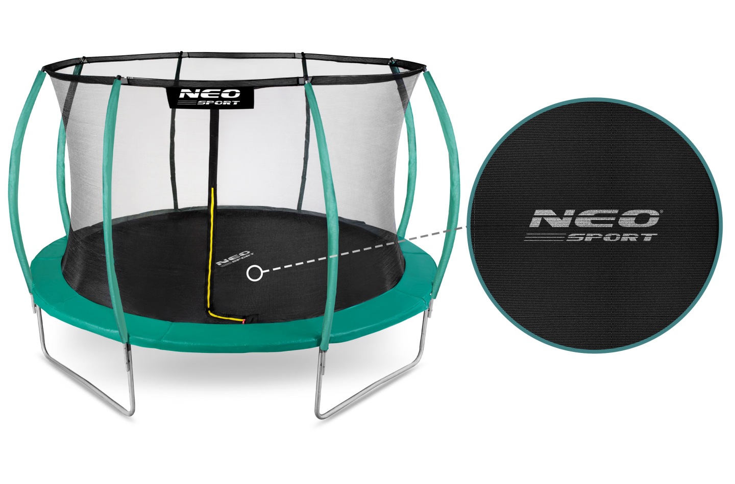 Neo-Sport dārza batuts ar iekšējo tīklu un zaļu malu, redzams zīmola logotips uz lēkšanas virsmas