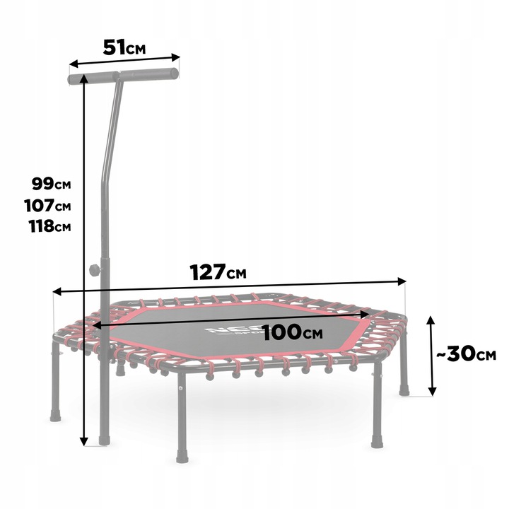 Neo-Sport fitness batuts ar izmēru norādēm 127 cm, 100 cm un regulējamu rokturi