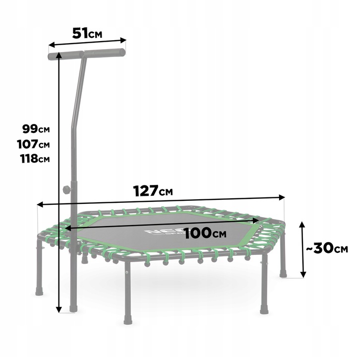 Neo-Sport fitness batuta izmēru shēma ar 127 cm diametru, 100 cm virsmu un regulējamu rokturi