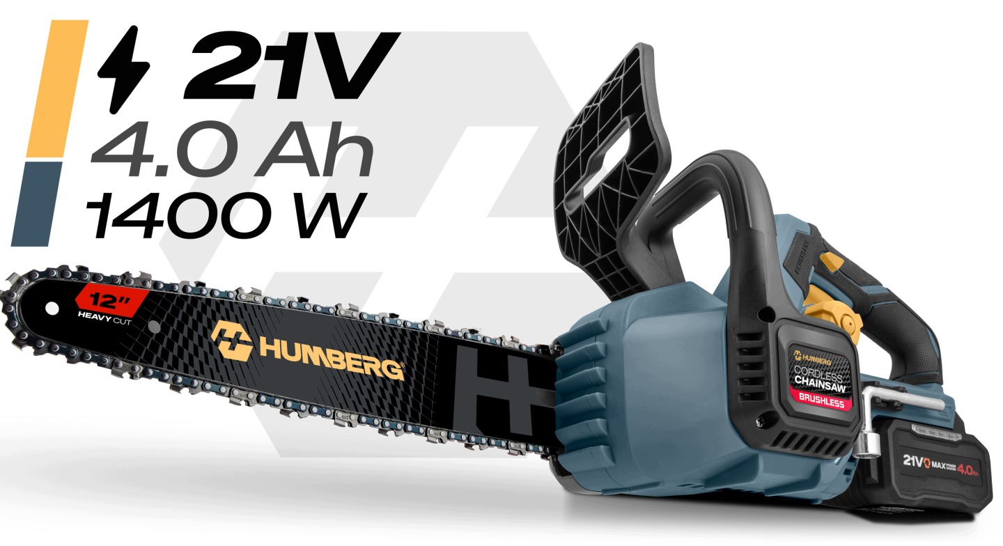 Humberg HM-436 akumulatora ķēdes zāģis ar 21V, 4 Ah un 1400 W marķējumu uz gaiša fona