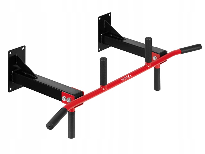 Neo-Sport NS-317 stieņa skats slīpā leņķī ar melniem balstiem un sarkanu šķērssiju