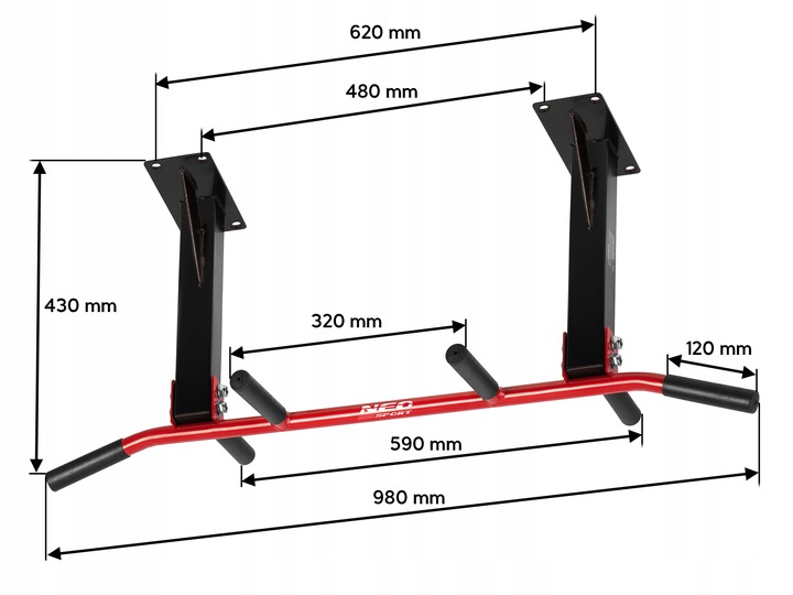 Neo-Sport NS-317 pievilkšanās stieņa izmēru shēma ar atzīmētiem 980 mm un 430 mm mēriem
