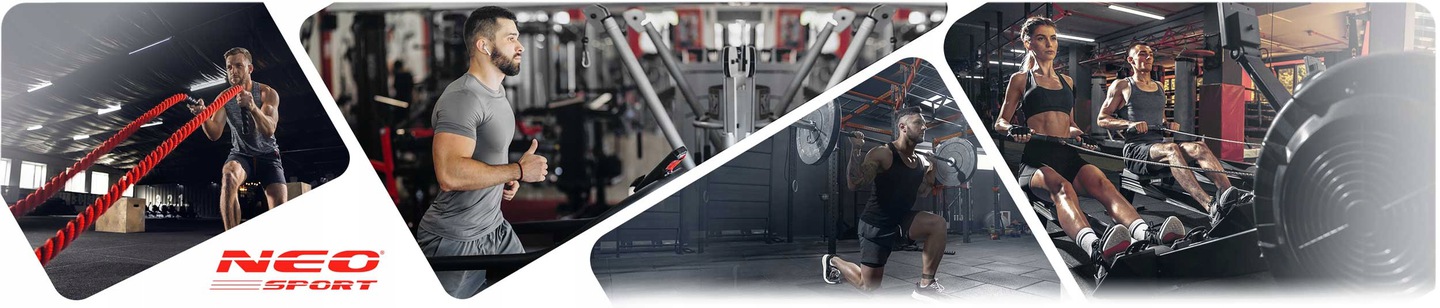 Neo-Sport NS-317 pievilkšanās stienis sporta zālē ar vairākiem treniņa skatiem un zīmola logotipu
