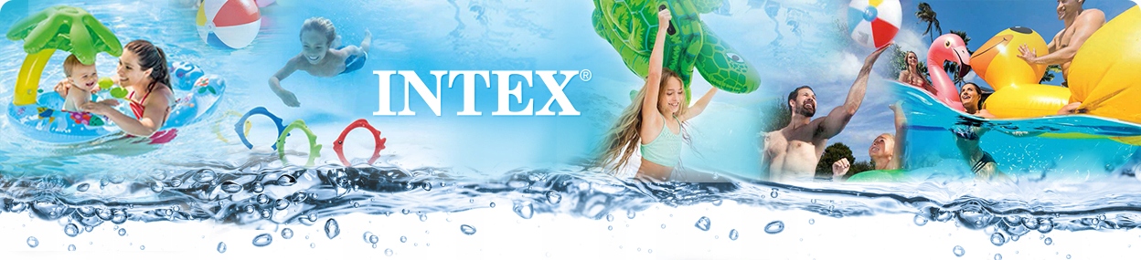 Intex baseinu hlora ģenerators uz zila baseina fona ar peldēšanās ainu