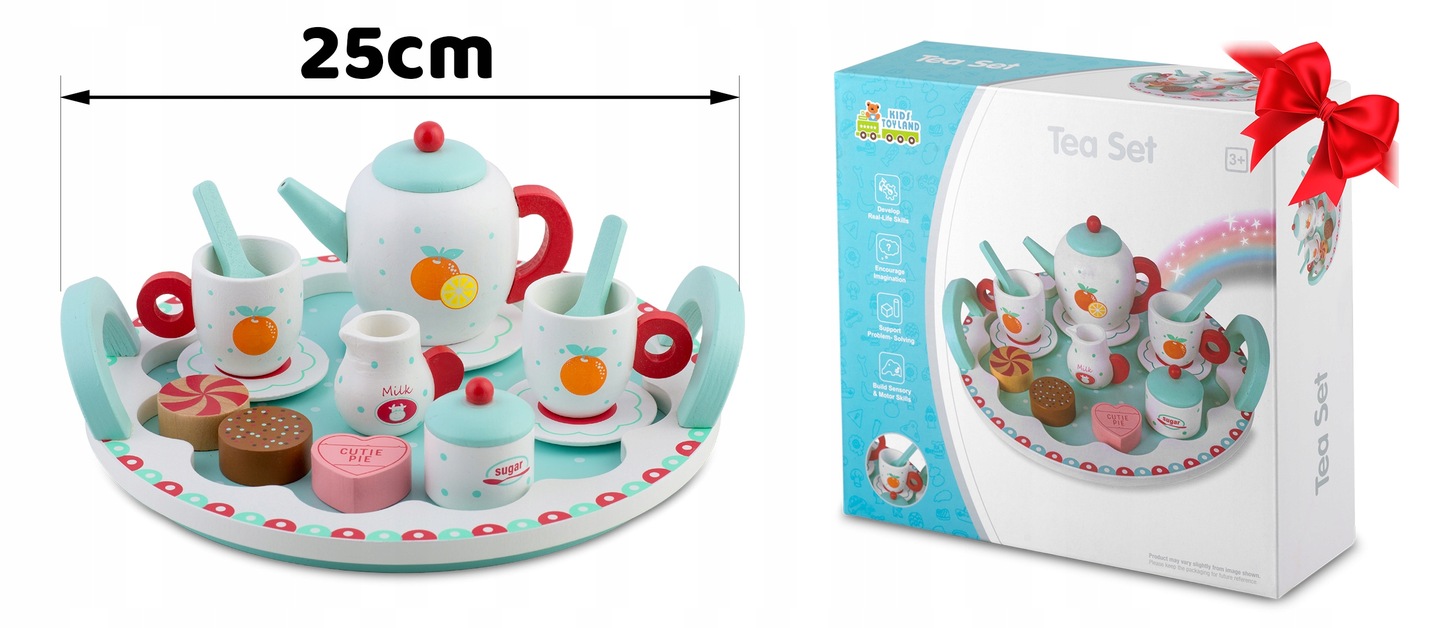 Koka tējas komplekta kaste un servēšanas paplāte ar izmēra norādi 25 cm