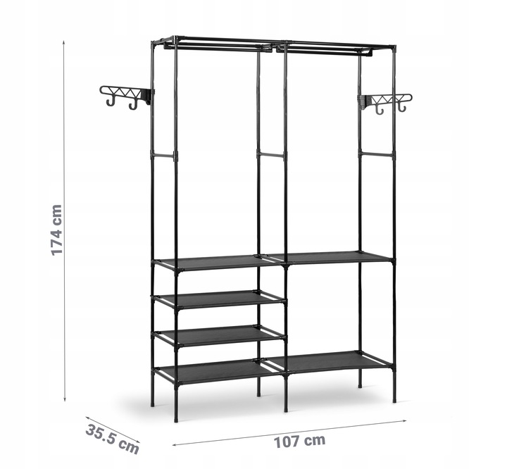 Massido drēbju statīvs ar izmēru norādi 107 cm, 35,5 cm un 174 cm