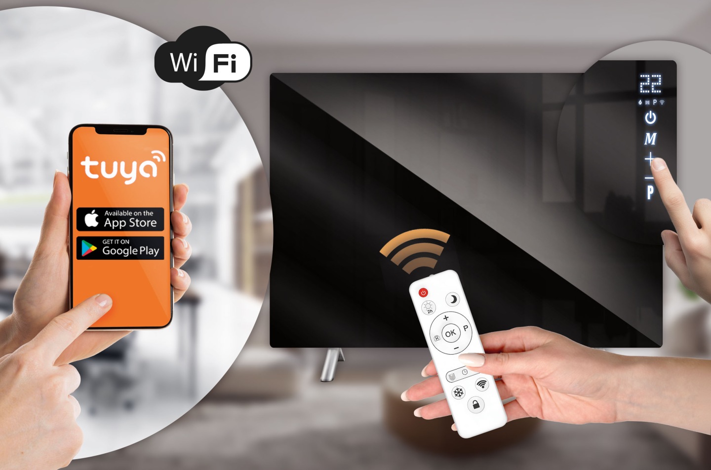 Infrasarkanais sildpanelis ar Tuya Smart vadību, Wi‑Fi ikonu un pieskārienu pie skārienpaneļa