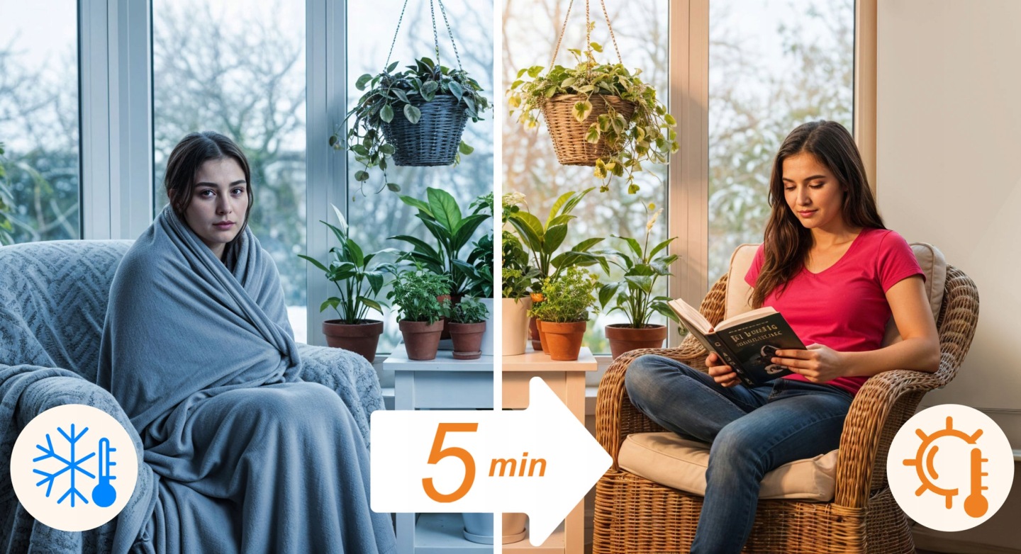 Sildpanelis, kas attēlots blakus 5 minūšu uzsilšanas salīdzinājumam ar aukstu un siltu interjeru