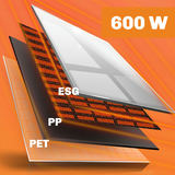 Sildpaneļa 600 W slāņu izvietojums ar ESG stiklu, PP izolāciju un PET Carbon Crystal slāni