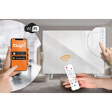 Tuya Smart vadība telefonā blakus sildpanelim ar ieslēgtu Wi‑Fi savienojumu un skārienpaneli