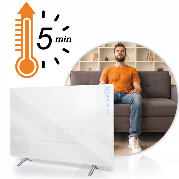 600 W sildpanelis ar uzsveramu 5 minūšu uzsilšanu un cilvēku, kas sēž uz dīvāna fonā