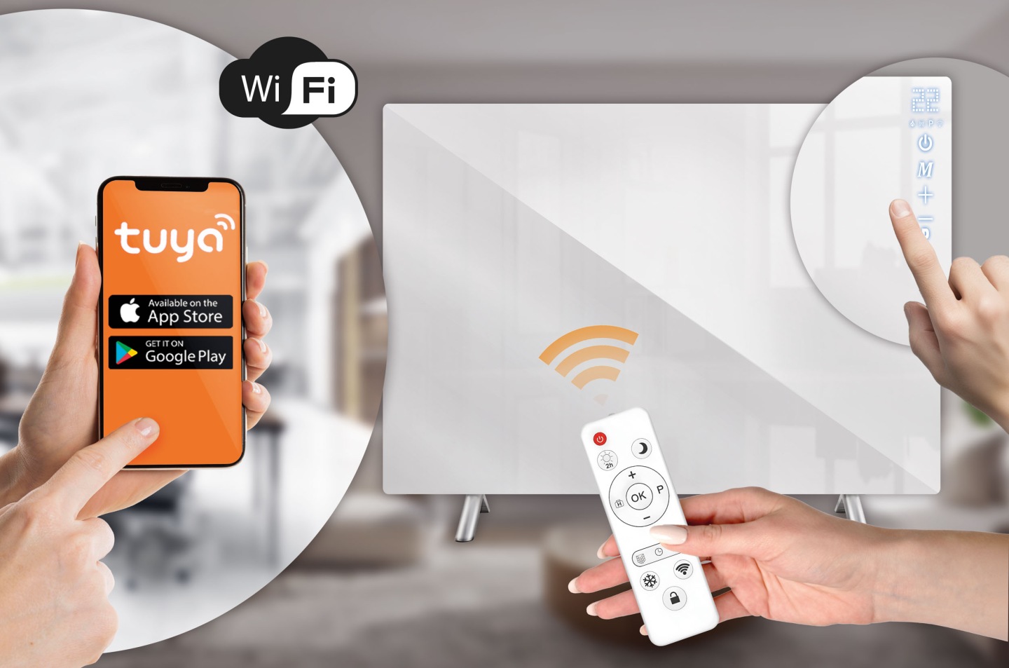 Infrasarkanais sildpanelis ar Tuya Smart vadību, Wi‑Fi marķējumu un skārienpaneli labajā pusē