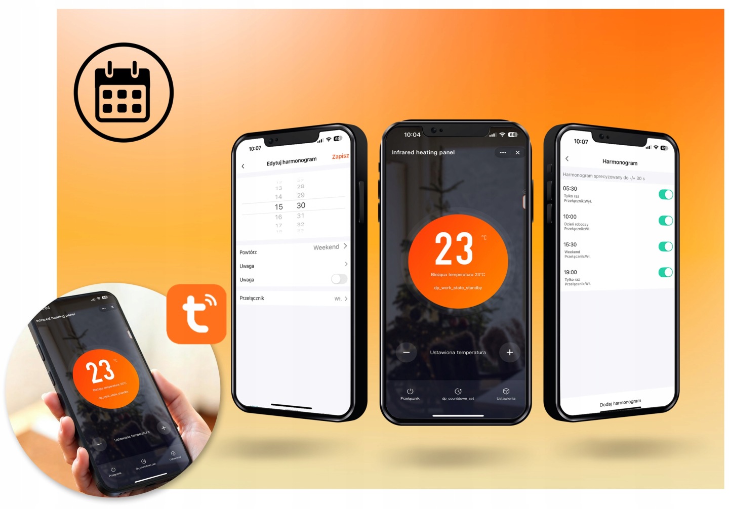 Tuya Smart lietotnes vadība telefonā ar grafika, temperatūras un taimera ekrāniem infrasarkanam sildpanelim