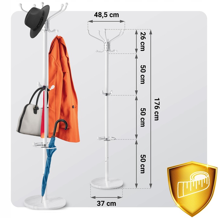 Stāvošs drēbju pakaramais Massido ar izmēriem 176 cm augstumā un 37 cm pamatnes diametram