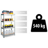 Metāla plaukts ar pilnu slodzes piemēru un kopējo 540 kg norādi