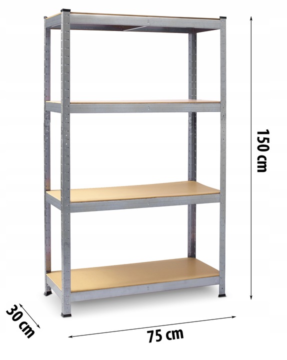 Metāla plaukts ar izmēru norādēm 150 cm, 75 cm un 30 cm pie konstrukcijas