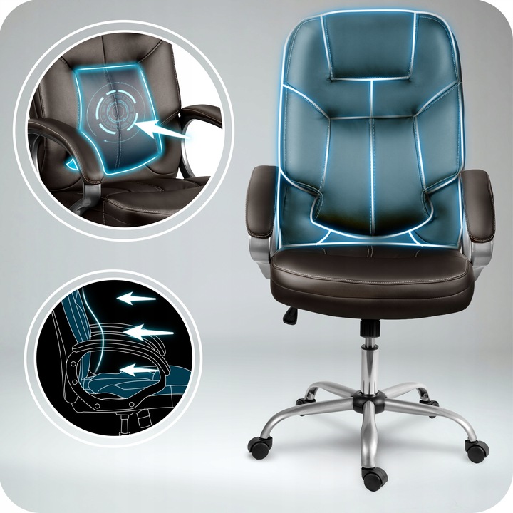 Tumši brūns biroja krēsls frontāli ar izceltu atzveltni, roku balstiem un sēdekļa polsterējumu