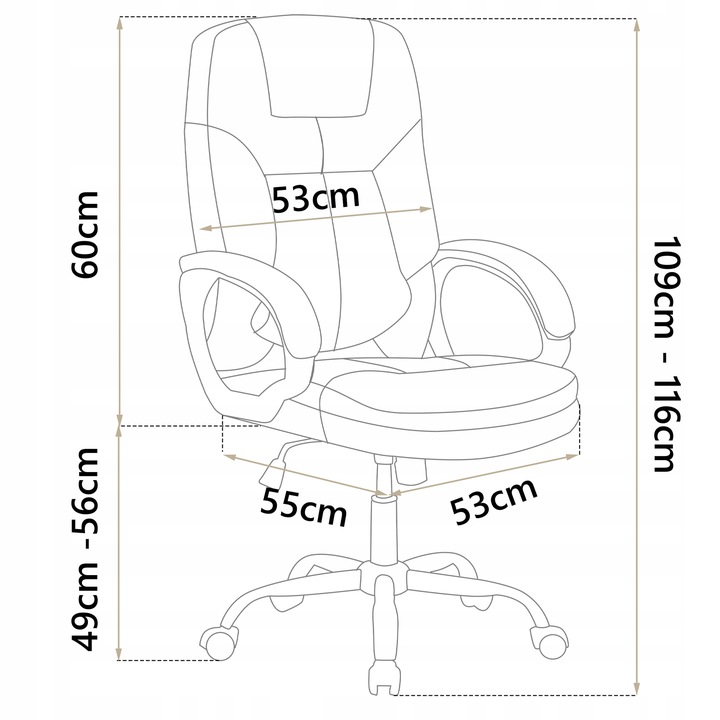 Biroja krēsla izmēru shēma ar norādītu augstumu 116 cm un sēdekļa augstuma diapazonu 49 līdz 56 cm