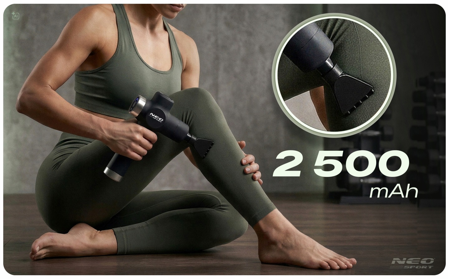 Neo-Sport masāžas pistole ar kājas masāžu un 2500 mAh akumulatora norādi