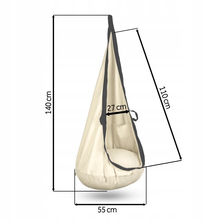 Bēšas kokona šūpoles ar norādītiem izmēriem 140 cm, 110 cm, 55 cm un 27 cm