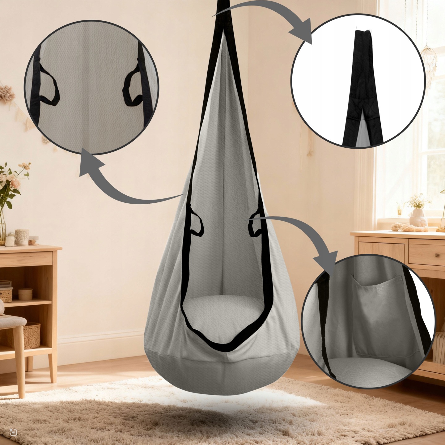 Pelēku kokonveida šūpoļu detaļu kompozīcija ar rokturiem, siksnām un kabatu tuvplānā