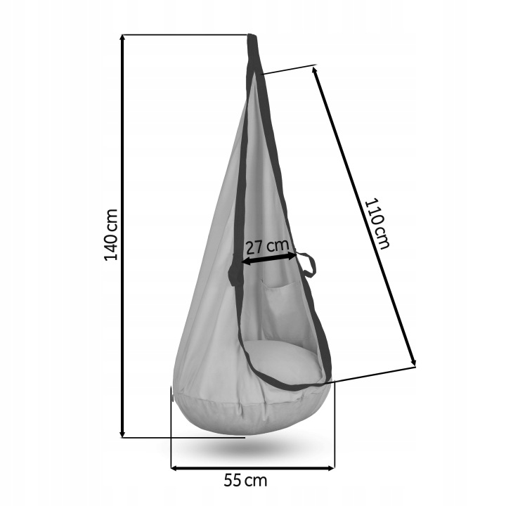 Kokonveida šūpoļu tehniskais izmēru ar 140 cm, 110 cm, 55 cm un 27 cm marķējumiem