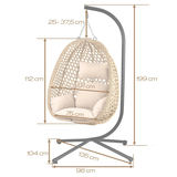 Piekaramā krēsla izmēru shēma ar 25–37,5 cm regulāciju, 112 cm un 91 cm mēriem, kā arī stāva augstumu 199 cm