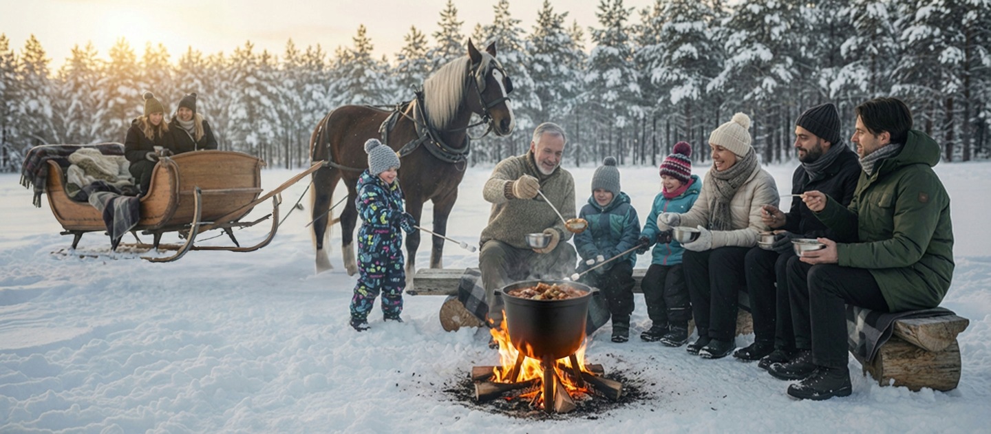 Kocioļeķis ziemas piknikā pie ugunskura ar ģimeni un pajūgu